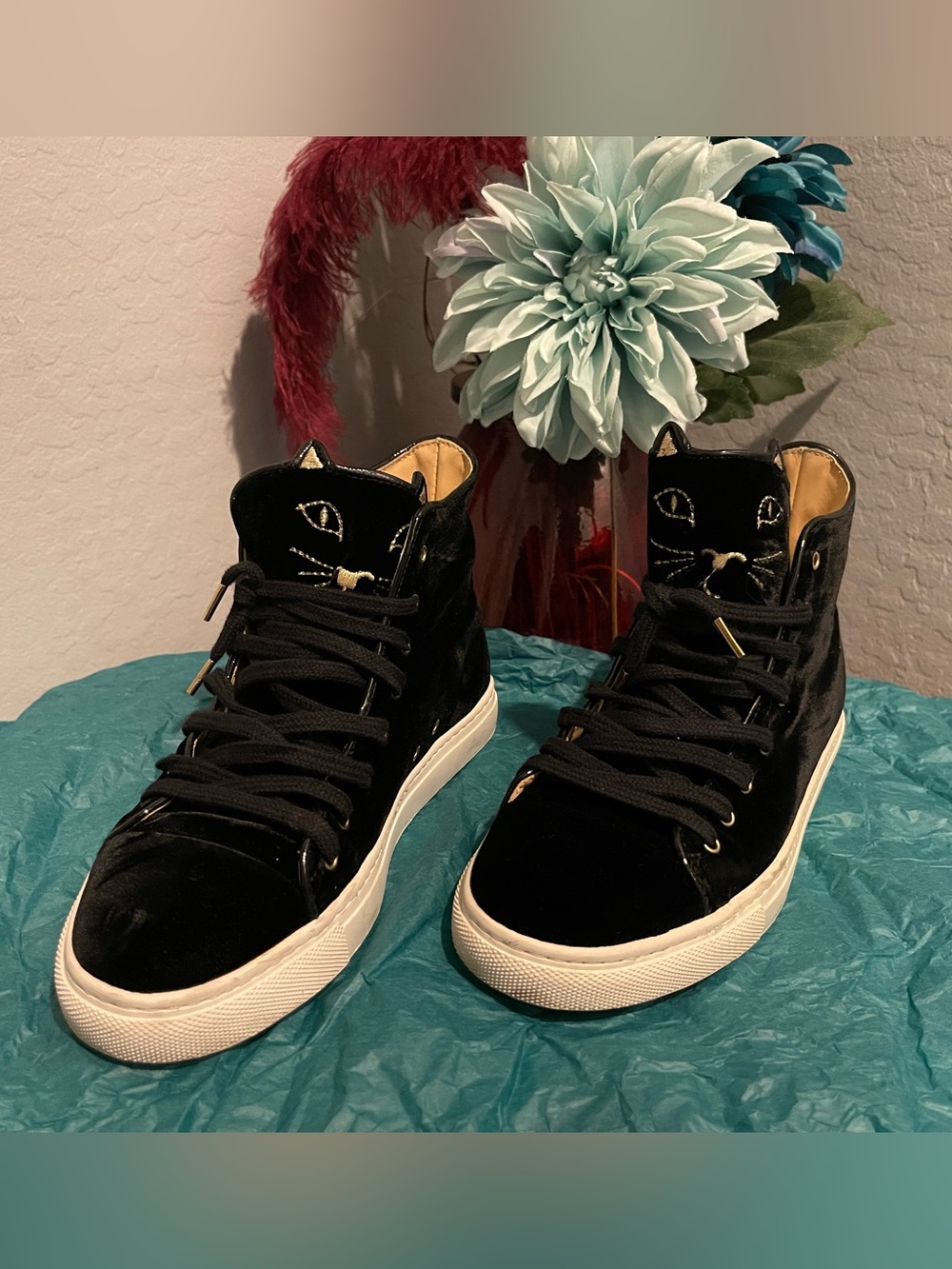 Charlotte Olympia Black Velvet Cat Face High-Top Sneakers size 35.5